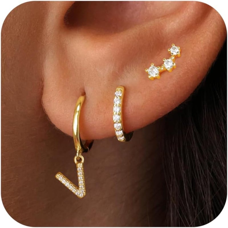 JIAOGE Valentines Day Gifts for Kids Girls - 3 Pairs Gold Earrings for Women Huggie Hoop Earrings for Girls with Initial Dangle Cartilage Earring Studs Hypoallergenic Earring Set for Multiple Piercing - Image 1